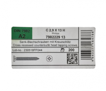 Specificaties Rvs schroeven 2,9 x 13 mm